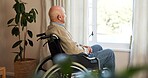 Window, thinking and old man in wheelchair, nursing home and remembering bad decision or retirement. Back, reflection and senior person with disability, thoughts and contemplating choice with regret