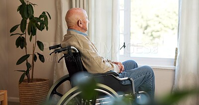 Buy stock photo Window, thinking and old man in wheelchair, contemplating and patient in nursing home or retirement. Memory, reflection and senior person with disability, thoughts and remembering choice on break