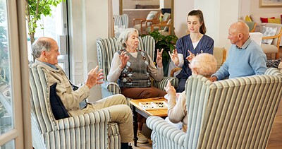 Buy stock photo Break, nurse and talking with old people in living room of retirement home for hand exercise. Demonstration, dexterity and support with group of seniors in apartment together for wellness activity