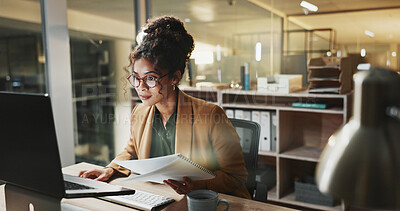Buy stock photo Accounting, report and woman on laptop for bookkeeping, research or budget documents for audit. Finance policy, solution and accountant with tech for paperwork, review and business tax in office