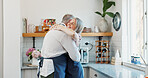 Hug, cooking and smile with old couple in kitchen for bonding, romantic gesture and meal prep. Connection, support and food with senior man and woman in home for retirement, embrace and recipe