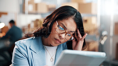 Buy stock photo Ecommerce, headache and woman in depot with tablet, logistics stress and backlog for order delivery. Tired, person and migraine in warehouse with tech, glasses and crisis for shipping distribution.