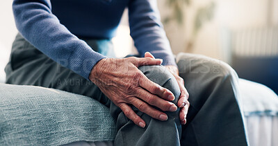 Buy stock photo Elderly, woman and hands on bed with knee pain, arthritis symptoms and cartilage damage from injury. Hurt, senior person and joint inflammation in retirement home with osteoporosis, sprain and ache.