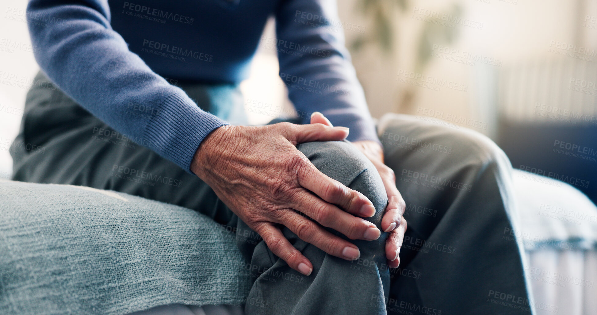 Buy stock photo Elderly, woman and hands on bed with knee pain, arthritis symptoms and cartilage damage from injury. Hurt, senior person and joint inflammation in retirement home with osteoporosis, sprain and ache.