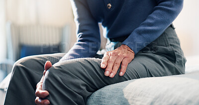 Buy stock photo Senior, woman and hands in bedroom with knee pain, arthritis symptoms or weak leg muscle from injury. Hurt, elderly person and joint inflammation in retirement home with osteoporosis, sprain or ache.