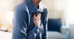 Senior, woman and hands in bedroom with chest pain, pressure and disease from respiratory infection. Sick, elderly person and asthma attack in retirement home with virus, medical condition or illness