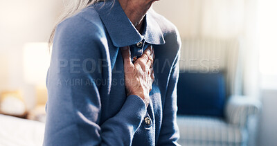 Buy stock photo Senior, woman and hands in bedroom with chest pain, pressure and disease from respiratory infection. Sick, elderly person and asthma attack in retirement home with virus, medical condition or illness