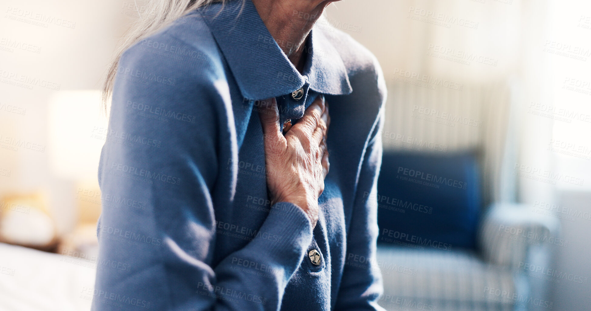 Buy stock photo Senior, woman and hands in bedroom with chest pain, pressure and disease from respiratory infection. Sick, elderly person and asthma attack in retirement home with virus, medical condition or illness