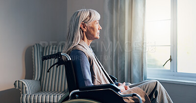 Buy stock photo Thinking, wheelchair and window with old woman in retirement home for memories or nostalgia. Flare, remember and senior person with disability in living room for contemplation, ideas or morning view