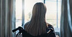 Flare, wheelchair and window with back of old woman in retirement home for reflection or nostalgia. Memories, thinking and senior person with disability in apartment for contemplation, ideas or view