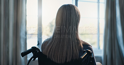 Buy stock photo Flare, wheelchair and window with back of old woman in retirement home for reflection or nostalgia. Memories, thinking and senior person with disability in apartment for contemplation, ideas or view