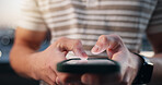Hands, networking and phone with man outdoor in evening for communication or internet search. App, connectivity and typing text message with person in city for mobile research as social media user