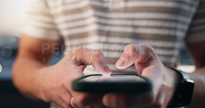 Buy stock photo Hands, networking and phone with man outdoor in evening for communication or internet search. App, connectivity and typing text message with person in city for mobile research as social media user