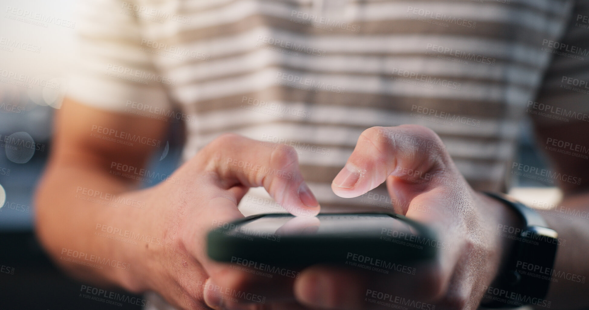 Buy stock photo Hands, networking and phone with man outdoor in evening for communication or internet search. App, connectivity and typing text message with person in city for mobile research as social media user