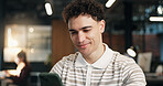 Happy, businessman and texting with phone in office for communication, social media or chatting app. Man, employee or typing with smile on smartphone for online conversation or research in workplace