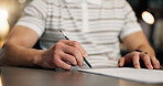 Businessman, hands and signature with documents in office for contract, legal agreement or policy. Man, employee or signing with form, application or registration for business deal or job opportunity