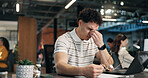 Headache, eye strain and businessman in office with fatigue, burnout or mistake on web development. Laptop, stress and UX designer with pressure for prototype error, exhaustion or negative feedback.