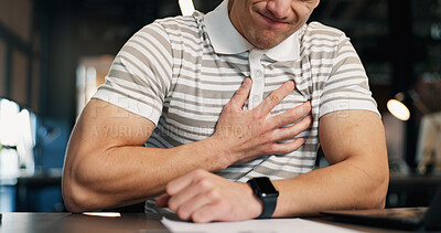 Buy stock photo Businessman, heart and chest pain in office for viral infection, discomfort or chronic condition. Sick, male person or illness with asthma attack, risk and cardiac arrest for pressure in workplace