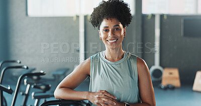 Buy stock photo Fitness, portrait and woman in gym with smile, positive attitude or workout hobby on weekend break. Pride, person and athlete with happy moment, confidence and good mood in exercise activity.