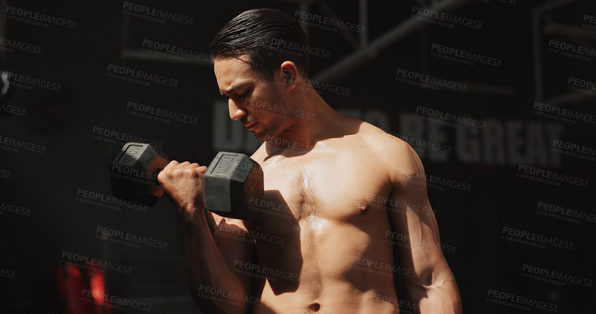 Buy stock photo Exercise, gym and bodybuilder man with dumbbells or weights for training, muscle growth and self care. Iron, workout and person with health club membership for fitness, strong arms and wellness