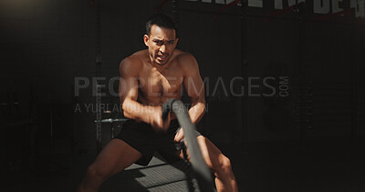Buy stock photo Fitness, gym and bodybuilder man with rope and resilience for training, muscle growth and space. Grip endurance, workout and person with health club membership for exercise, strong and wellness