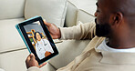 Man, doctor and video call in home with tablet screen, telehealth consultation and talk with advice. People, medical worker and online meeting in house with tech, contact or wellness checkup feedback