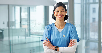 Buy stock photo Smile, nurse and student at hospital for medical, education and residency ambition for patient care. Portrait, woman and learning with arms crossed for nursing, internship and trainee for healthcare