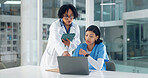 Doctor, nurse and conversation in hospital with laptop, mentorship or medical research for diagnosis. People, talk and manager training intern in clinic with computer, advice and healthcare report.