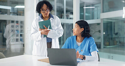 Buy stock photo Doctor, nurse and discussion in hospital with laptop, mentorship and medical research for diagnosis. People, talk and manager in clinic with intern, computer and ask questions for healthcare report.