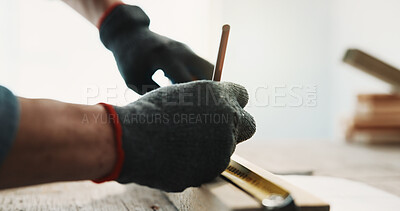 Buy stock photo Carpenter, hands and measuring tape on plank for accuracy, drawing line or quality assurance. Man, tools or pencil with timber for woodworking, dimensions or material preparation for creative project