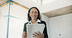 Building, inspector and happy woman with tablet, online or quality assurance for property management. Construction site, inspection and mature person with tech, low angle and safety check update