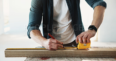 Buy stock photo Carpenter, hands and tape measure on wood for design, creative project and quality assurance. Man, tools and marker with timber for woodworking, accurate dimensions and material prep for drawing line