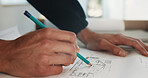 Architect, hands and blueprint on site for renovation, drawing and planning property restoration. Man, pencil and floorplan at worksite for remodeling, building compliance and engineering design
