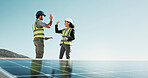 Solar, engineer or team high five for green energy credits, inspection pass or PTO success on tech. Tablet, happy people and celebration on rooftop for panel installation, PV inverter fix and space