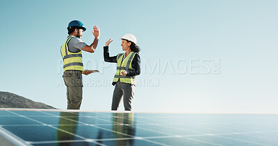 Buy stock photo Solar, engineer or team high five for green energy credits, inspection pass or PTO success on tech. Tablet, happy people and celebration on rooftop for panel installation, PV inverter fix and space