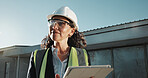 Engineer, think and happy woman with tablet, outdoor and quality assurance for construction project. Building site, inspection and mature person with tech, civil engineering and property development