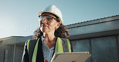 Buy stock photo Engineer, think and happy woman with tablet, outdoor and quality assurance for construction project. Building site, inspection and mature person with tech, civil engineering and property development