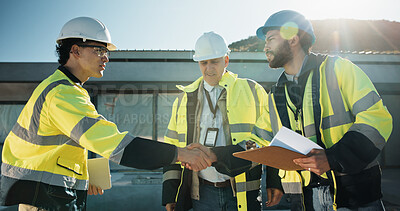 Buy stock photo Handshake, construction and clipboard with people outdoor for building, team or expansion. Architecture, infrastructure engineer and checklist with contractor for property agreement and shaking hands