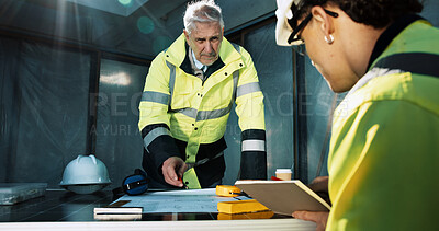 Buy stock photo Team, construction and discussion with people and blueprint for building, inspection or expansion. Architect, infrastructure engineer and advice with contractor for property developer and floor plan