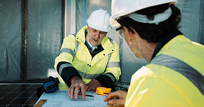Buy stock photo Engineer, team and men with blueprint, discussion and planning for property development with design. Architecture, sketch and people with paperwork, civil engineering and collaboration for project