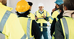 Team, construction and talking with people in meeting for building, inspection or expansion. Architecture, infrastructure engineer and checklist with contractor for property developer and renovation