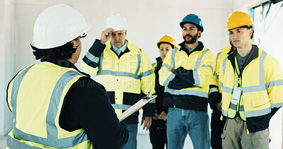 Buy stock photo Team, construction and clipboard with people in meeting for building, inspection or expansion. Architect, infrastructure engineer and checklist with contractor for property developer and renovation