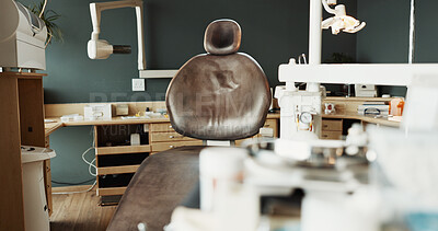 Buy stock photo Dental, chair and empty room with equipment for treatment services, medical facility and oral care. Dentistry, clinic interior or private practice with furniture for orthodontics, workspace or health