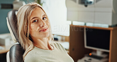 Buy stock photo Portrait, health and woman at dentist office for dental wellness, oral hygiene and mouth care. Orthodontics patient, smile and person on chair in clinic for medical endodontics or teeth healthcare