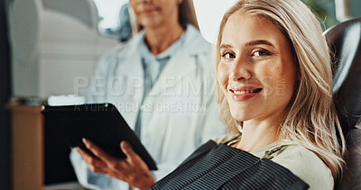 Buy stock photo Smile, dental health or woman on chair with dentist for teeth wellness, oral hygiene or mouth care. Orthodontics patient, portrait or happy person in clinic, endodontics tablet or medical appointment