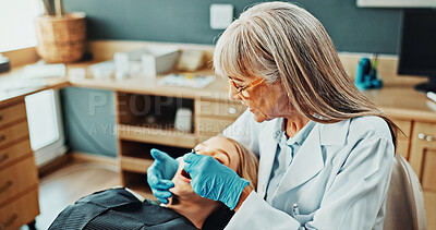 Buy stock photo Consulting, clinic and dentist with woman and mirror for teeth cleaning, oral hygiene and medical service. Healthcare, patient and orthodontist with tools for dental care, appointment and wellness