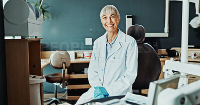 Buy stock photo Dentist, portrait and smile in clinic for oral care, healthcare services and private practice. Doctor, mature woman and happy in dental office for dentistry expertise, restorative health or about us