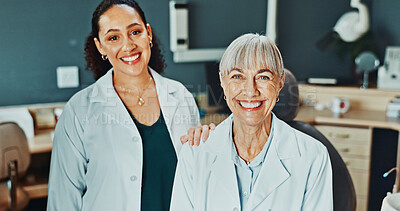 Buy stock photo Dental care, women and dentist with nurse in portrait for teamwork, collaboration and support in clinic. Healthcare, female people or assistant in exam room for orthodontist, checkup or procedure