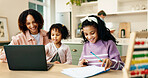 Mom, children and laptop with homework for learning, education or childhood development together. Mother, happy kids or smile with computer or documents for growth, assessment or activity in home