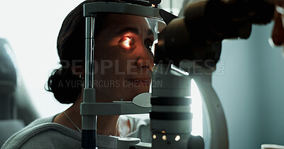 Buy stock photo Optometry, woman and slit lamp for eye exam, cornea check or diagnostic for ocular health. Vision, optometrist or mature patient with light in clinic for glaucoma test, iris inspection or healthcare
